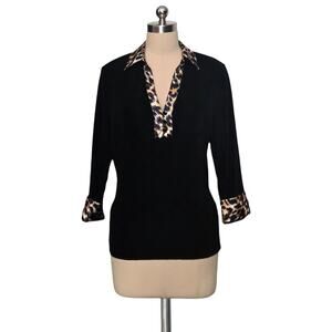 CHICO'S Travelers Black Slinky Top Shirt Blouse Leopard Satin Collar Cuffs 2